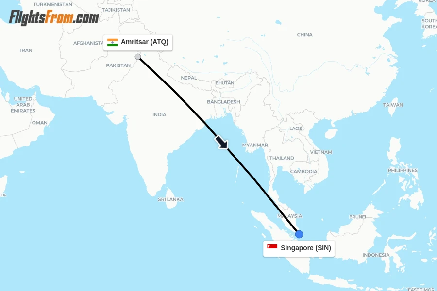 Flights from Amritsar to Singapore route map