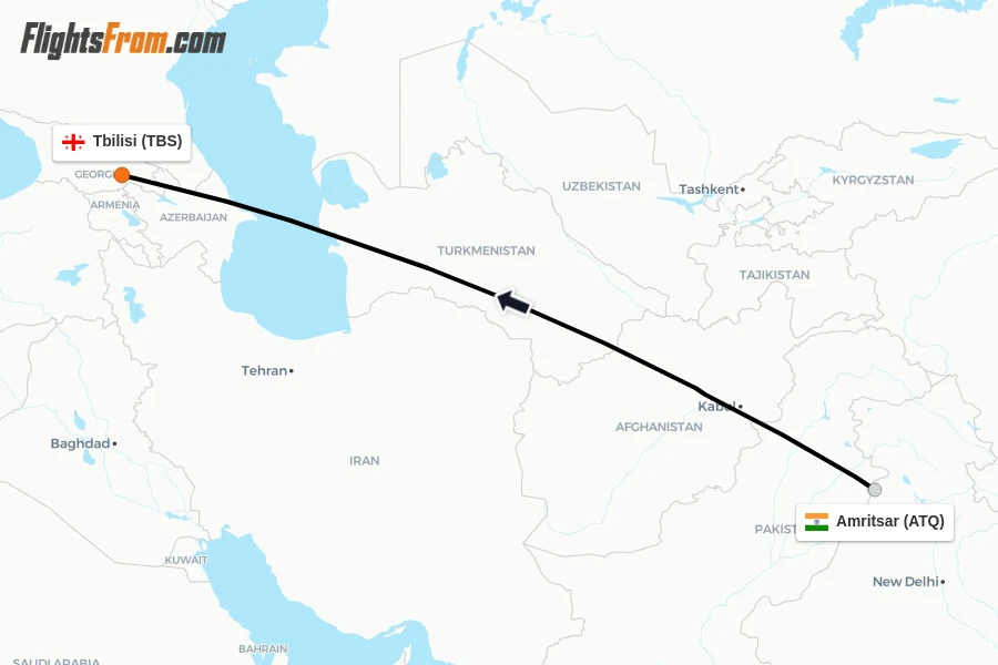 Flights from Amritsar to Tbilisi route map