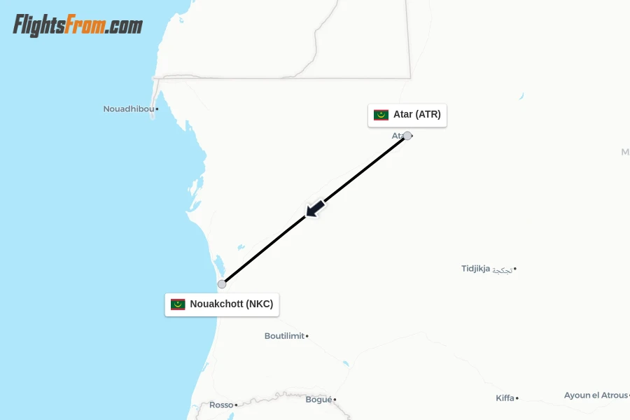 Flights from Atar to Nouakchott route map