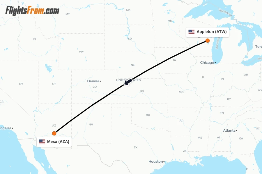 Flights from Appleton to Mesa route map