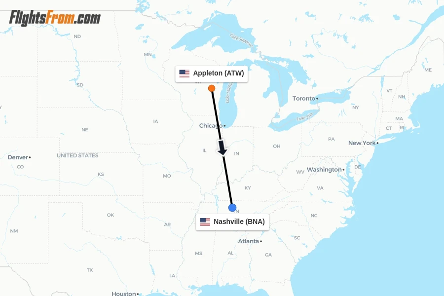 Flights from Appleton to Nashville route map