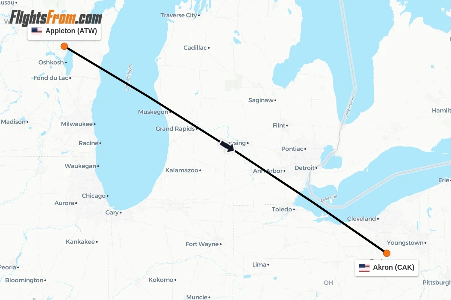 Flights from Appleton to Akron route map