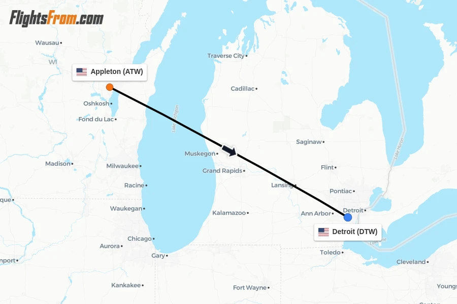 Flights from Appleton to Detroit route map