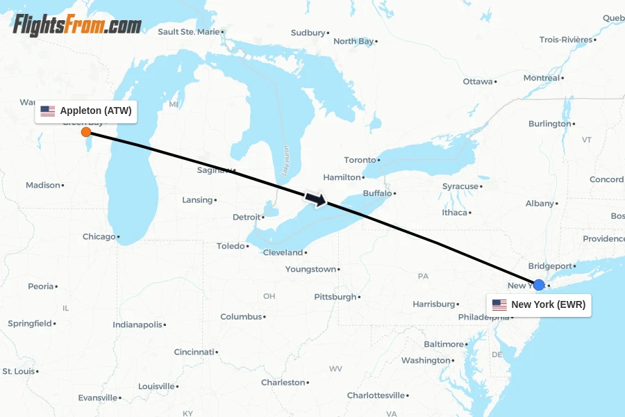 Flights from Appleton to New York route map