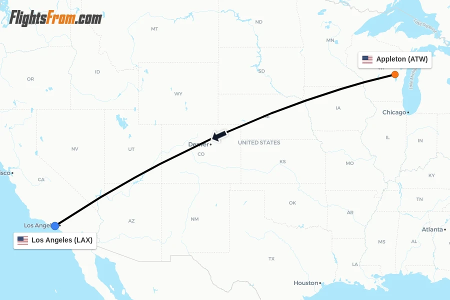 Flights from Appleton to Los Angeles route map