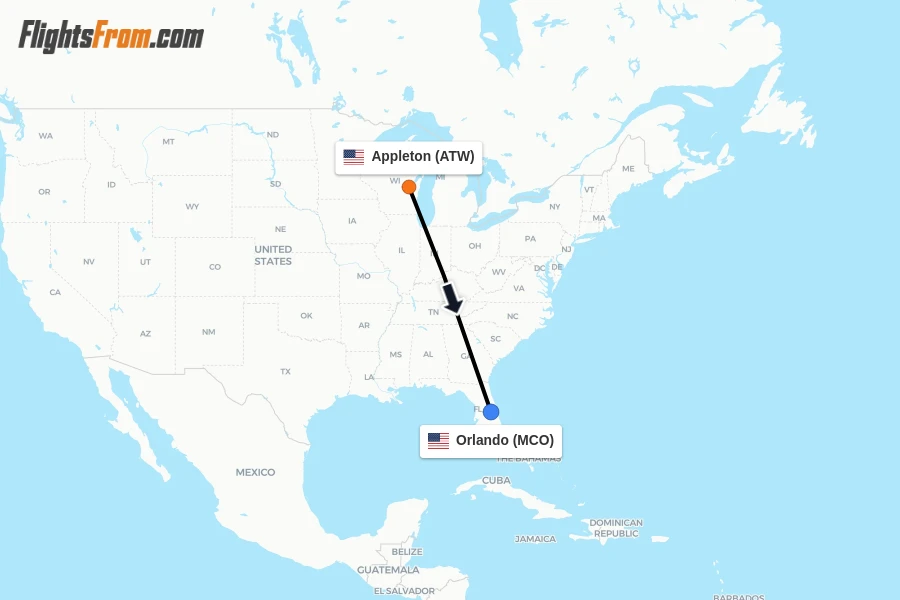 Flights from Appleton to Orlando route map