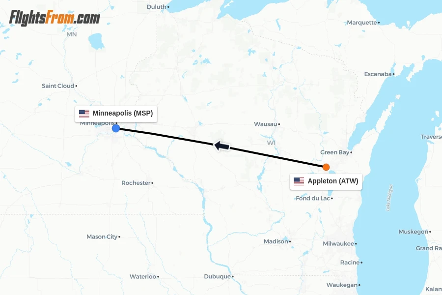 Flights from Appleton to Minneapolis route map