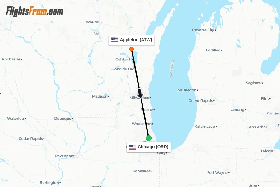 Flights from Appleton to Chicago route map