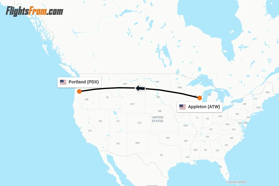 Flights from Appleton to Portland route map