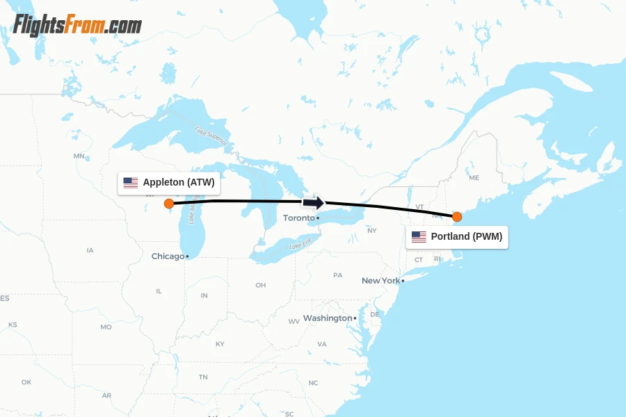 Flights from Appleton to Portland route map