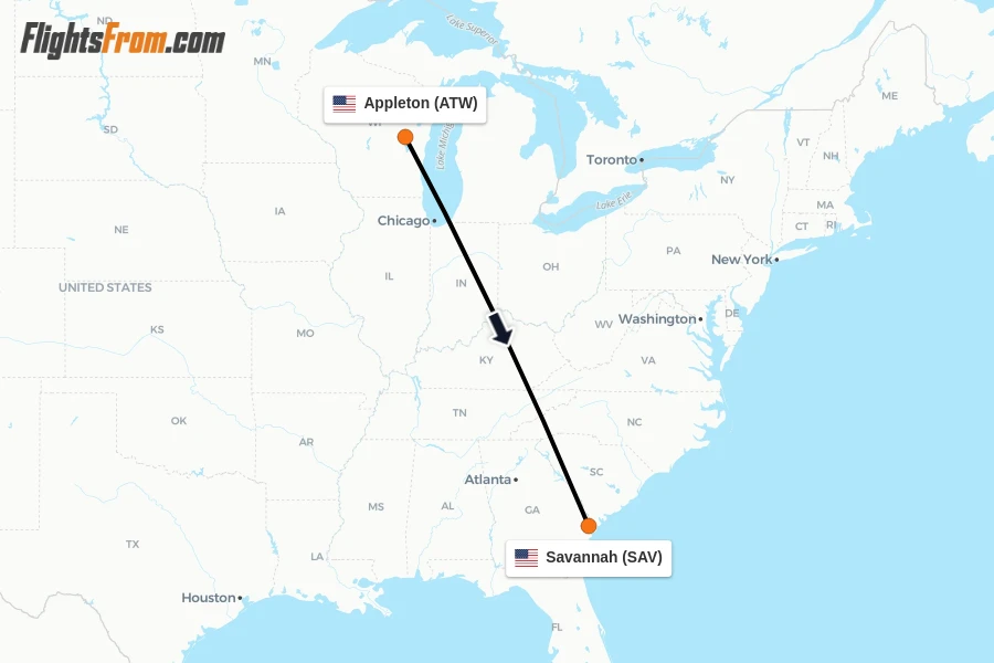 Flights from Appleton to Savannah route map