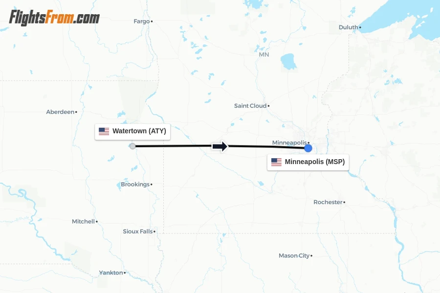 Flights from Watertown to Minneapolis route map