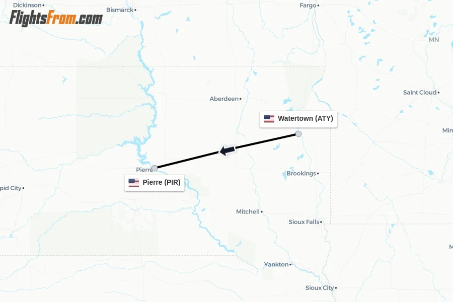Flights from Watertown to Pierre route map