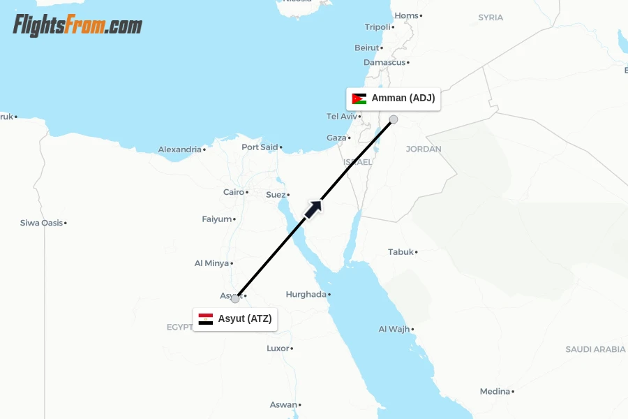 Flights from Asyut to Amman route map