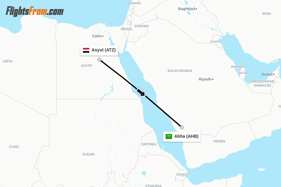 Flights from Asyut to Abha route map