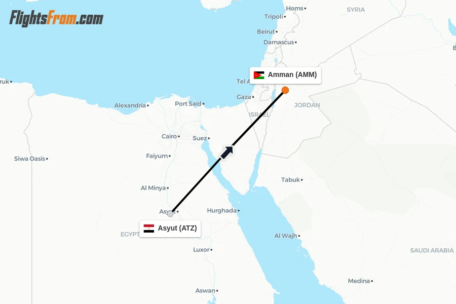 Flights from Asyut to Amman route map