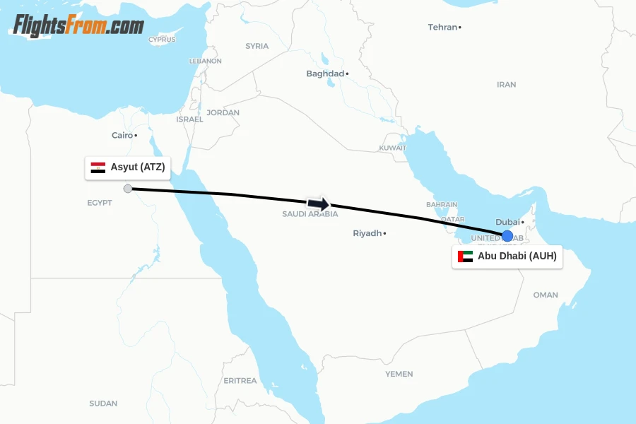 Flights from Asyut to Abu Dhabi route map