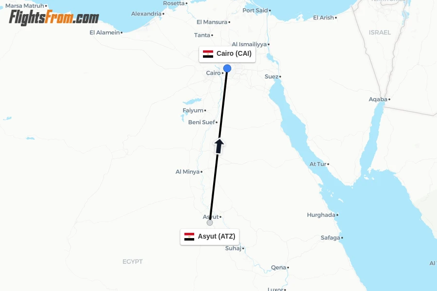 Flights from Asyut to Cairo route map