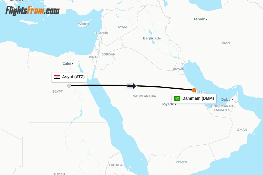Flights from Asyut to Dammam route map