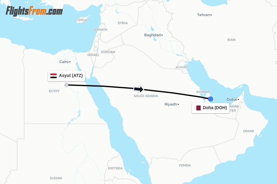 Flights from Asyut to Doha route map