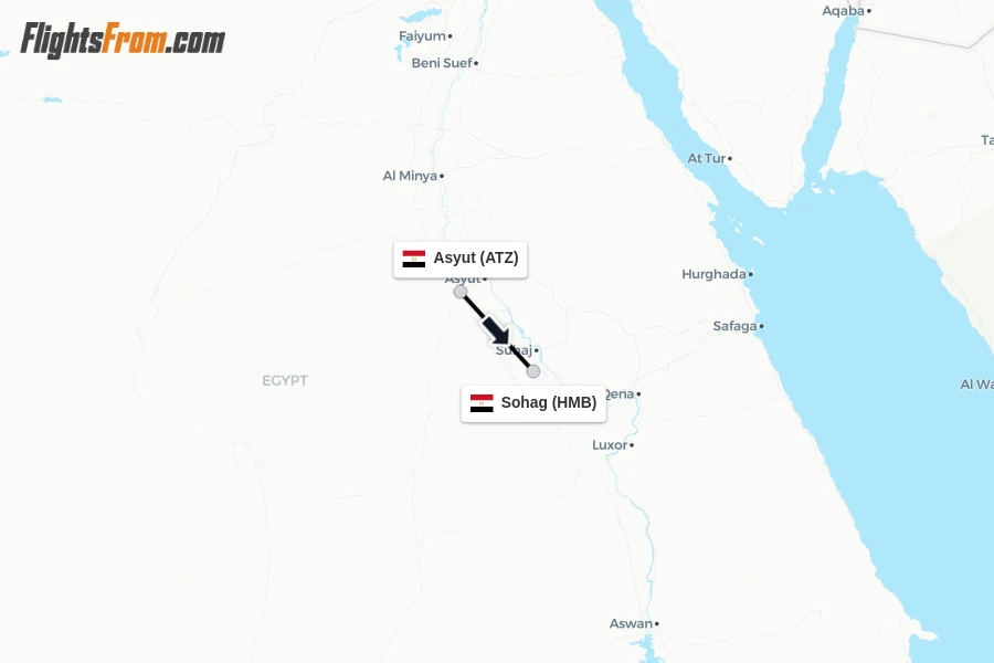 Flights from Asyut to Sohag route map