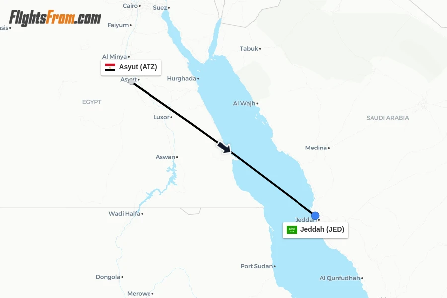 Flights from Asyut to Jeddah route map
