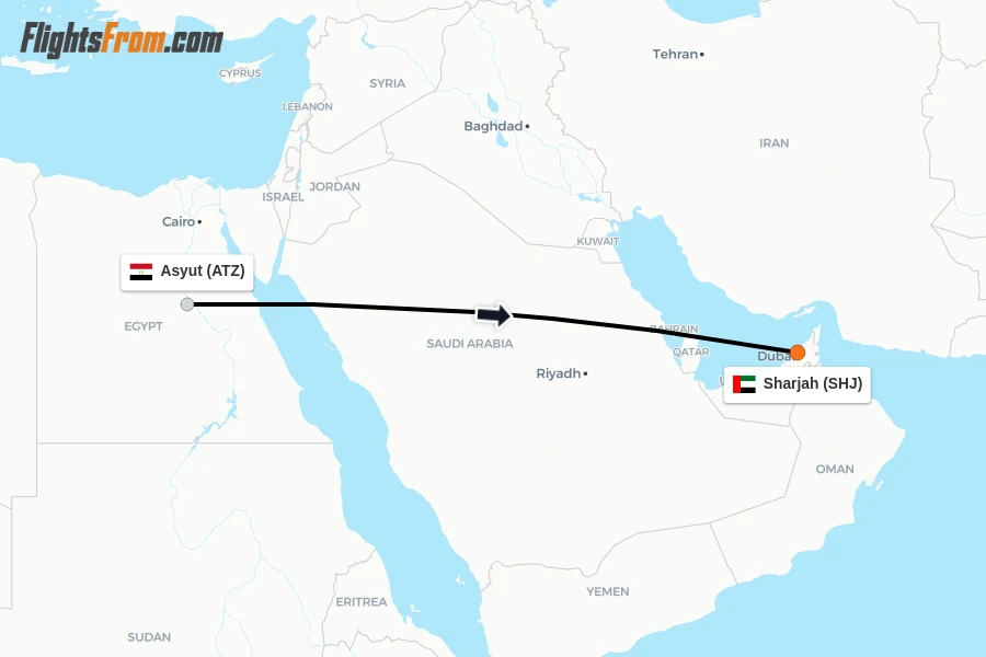 Flights from Asyut to Sharjah route map