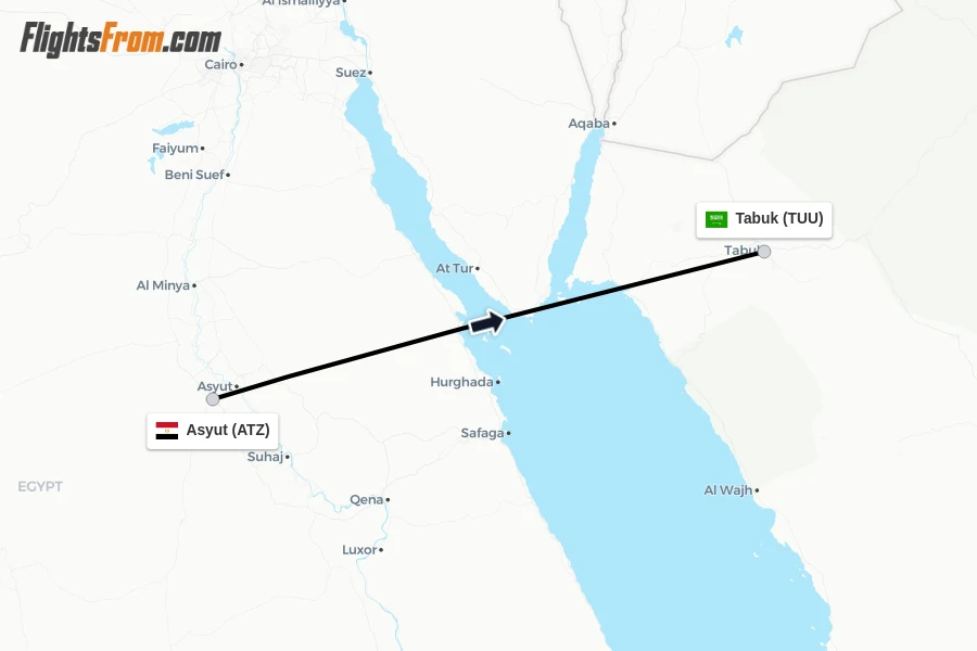 Flights from Asyut to Tabuk route map