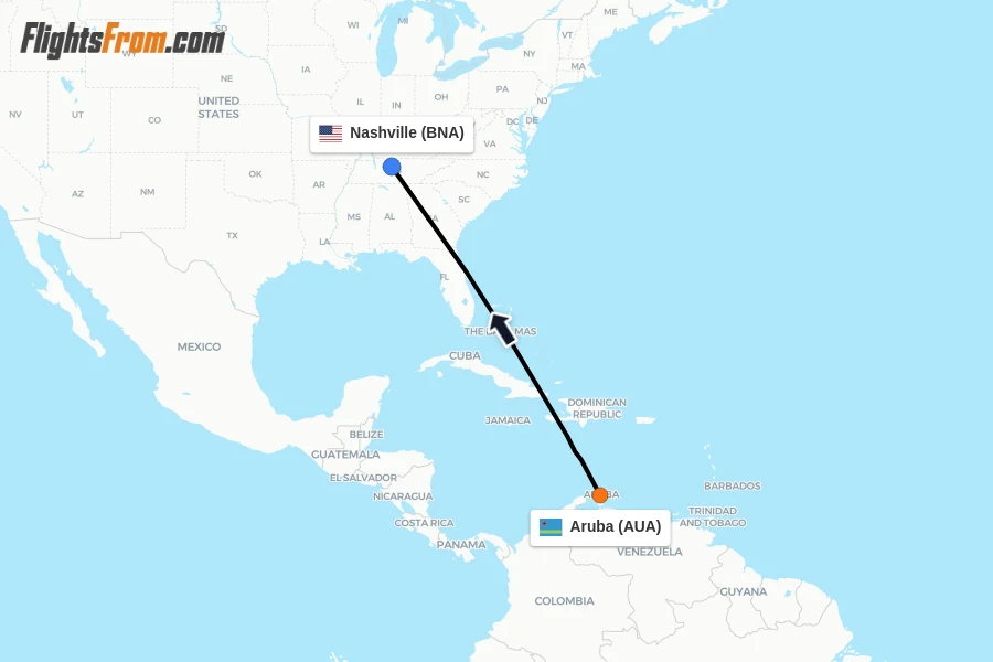 Flights from Aruba to Nashville route map