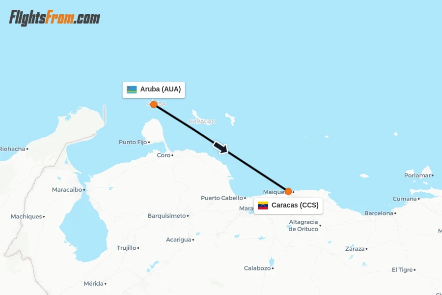 Flights from Aruba to Caracas route map