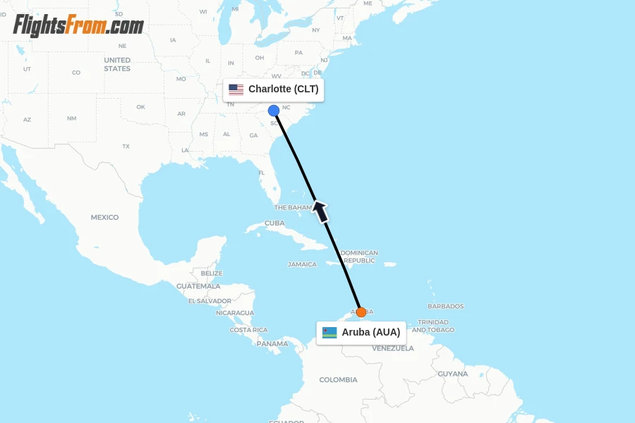 Flights from Aruba to Charlotte route map