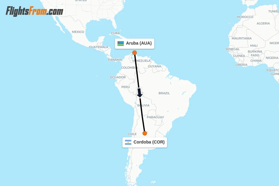 Flights from Aruba to Cordoba route map