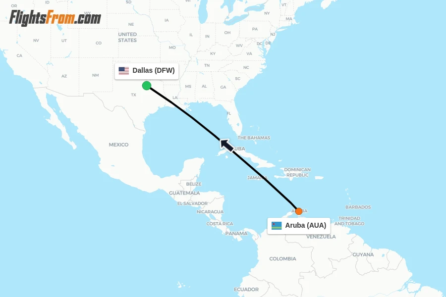 Flights from Aruba to Dallas route map