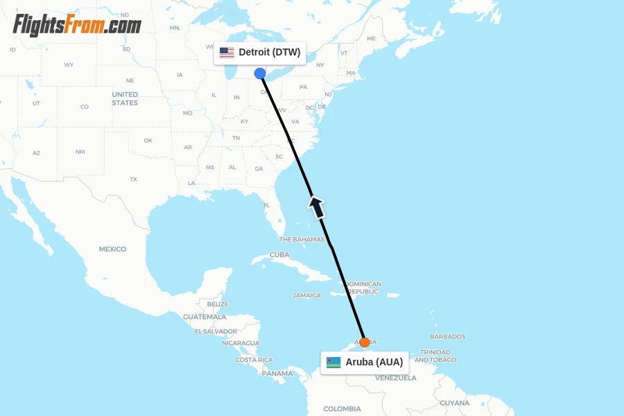 Flights from Aruba to Detroit route map