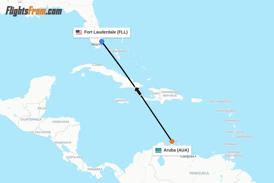 Flights from Aruba to Fort Lauderdale route map