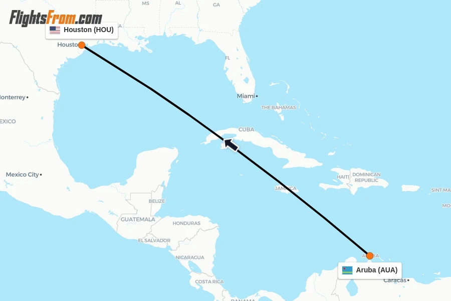 Flights from Aruba to Houston route map