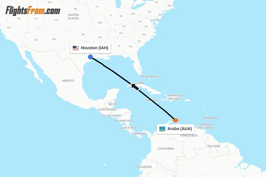 Flights from Aruba to Houston route map