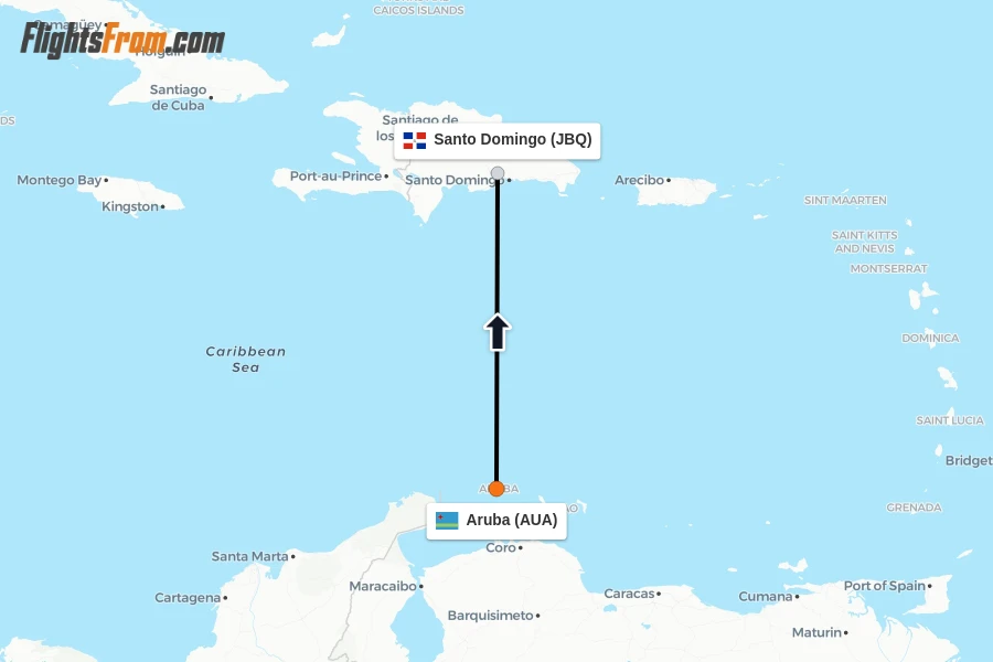 Flights from Aruba to Santo Domingo route map