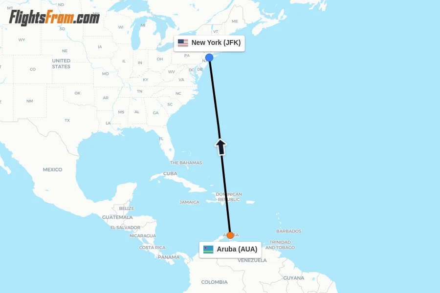 Flights from Aruba to New York route map