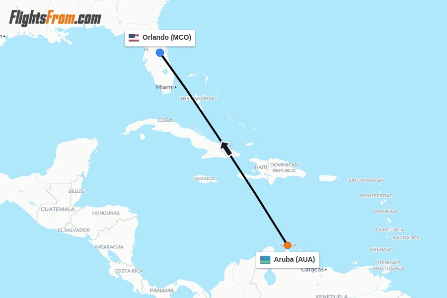 Flights from Aruba to Orlando route map