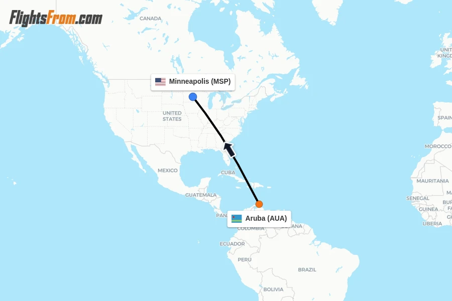 Flights from Aruba to Minneapolis route map