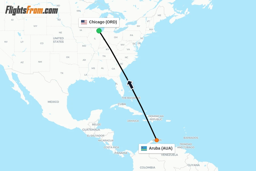 Flights from Aruba to Chicago route map