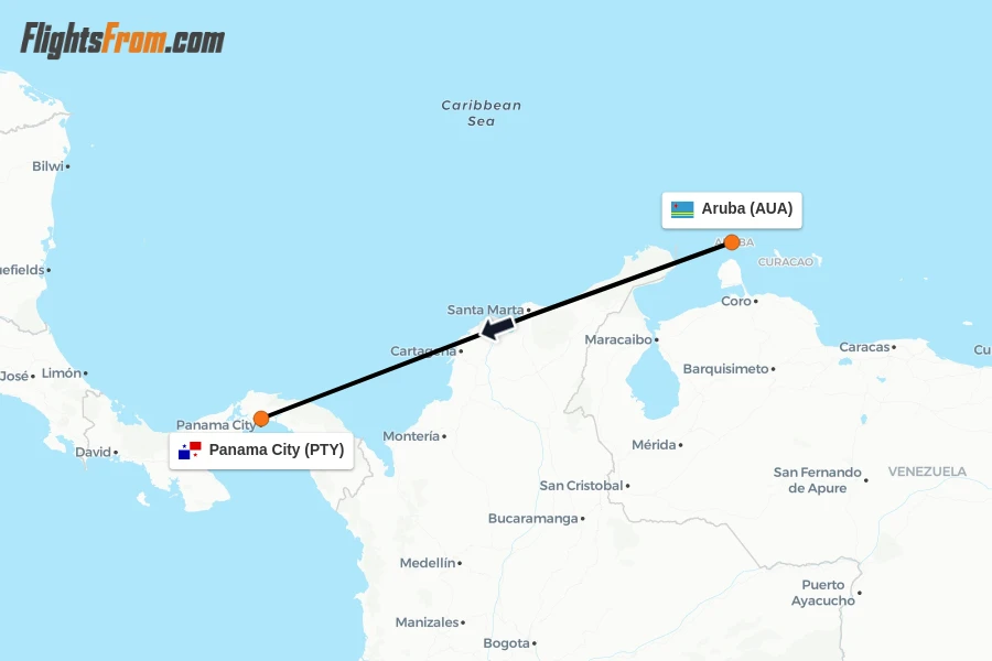 Flights from Aruba to Panama City route map