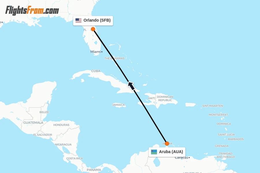 Flights from Aruba to Orlando route map