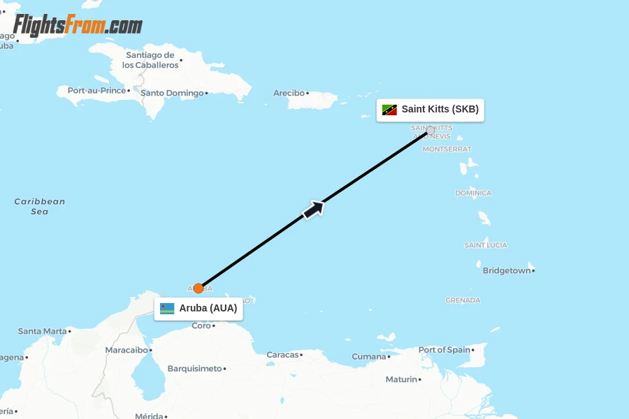 Flights from Aruba to Saint Kitts route map