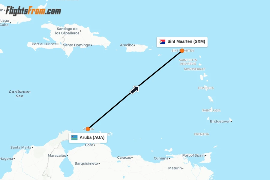 Flights from Aruba to Sint Maarten route map