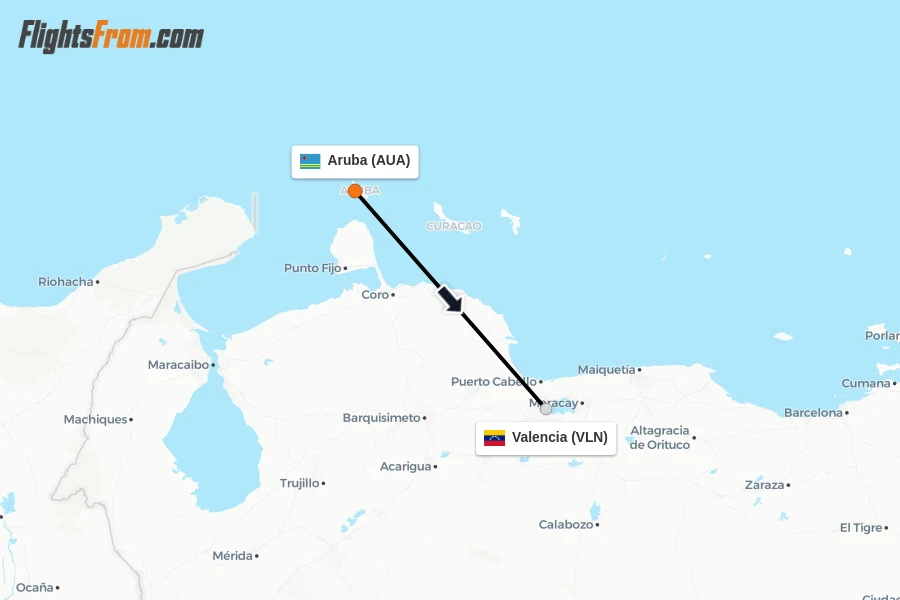 Flights from Aruba to Valencia route map