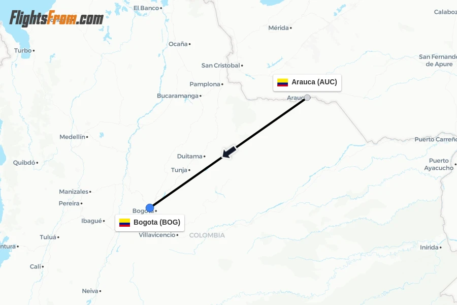 Flights from Arauca to Bogota route map