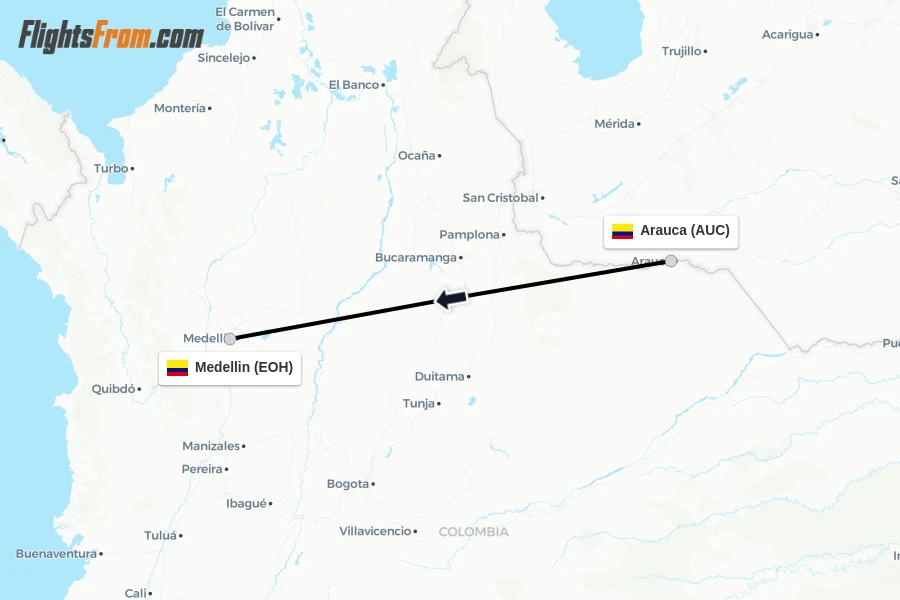 Flights from Arauca to Medellin route map