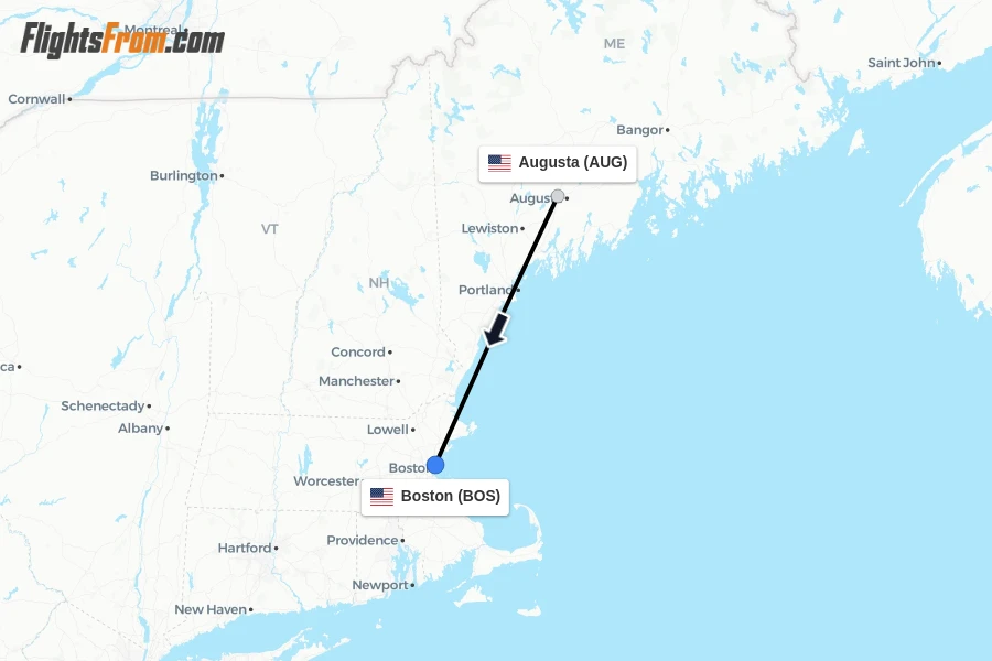 Flights from Augusta to Boston route map